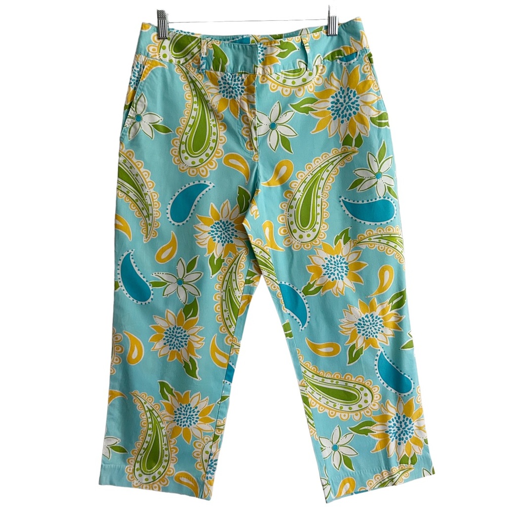 Lilly Pulitzer Turquoise Paisley Floral Cotton Cropped Pants 8 EUC